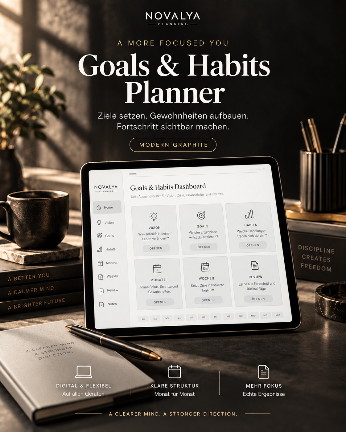 Novalya Goals & Habits Planner – Modern Graphite | Digitaler Planner für Ziele, Fokus & Gewohnheiten