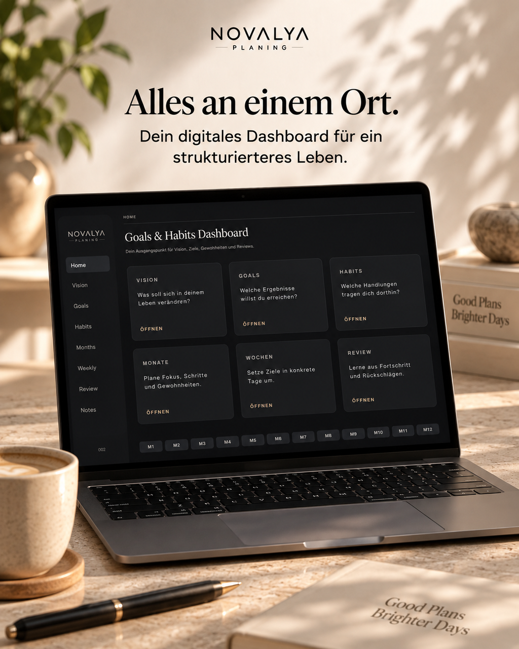 Novalya Goals & Habits Planner – Black Edition | Digitaler Planner für Ziele, Fokus & Gewohnheiten
