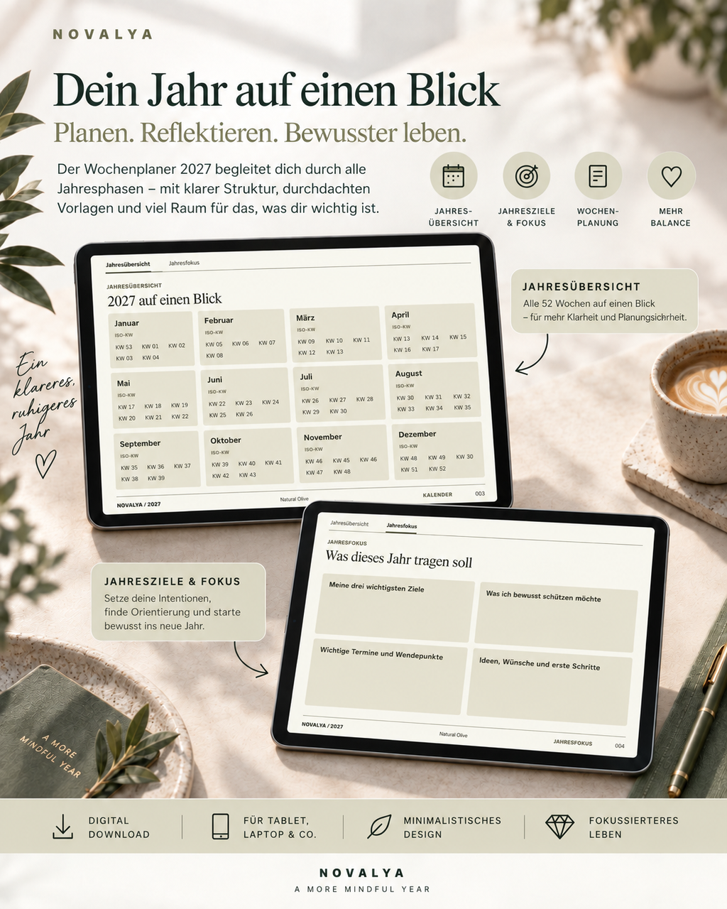Novalya Wochenplaner 2027 – Natural Olive | Digitaler Wochenplaner