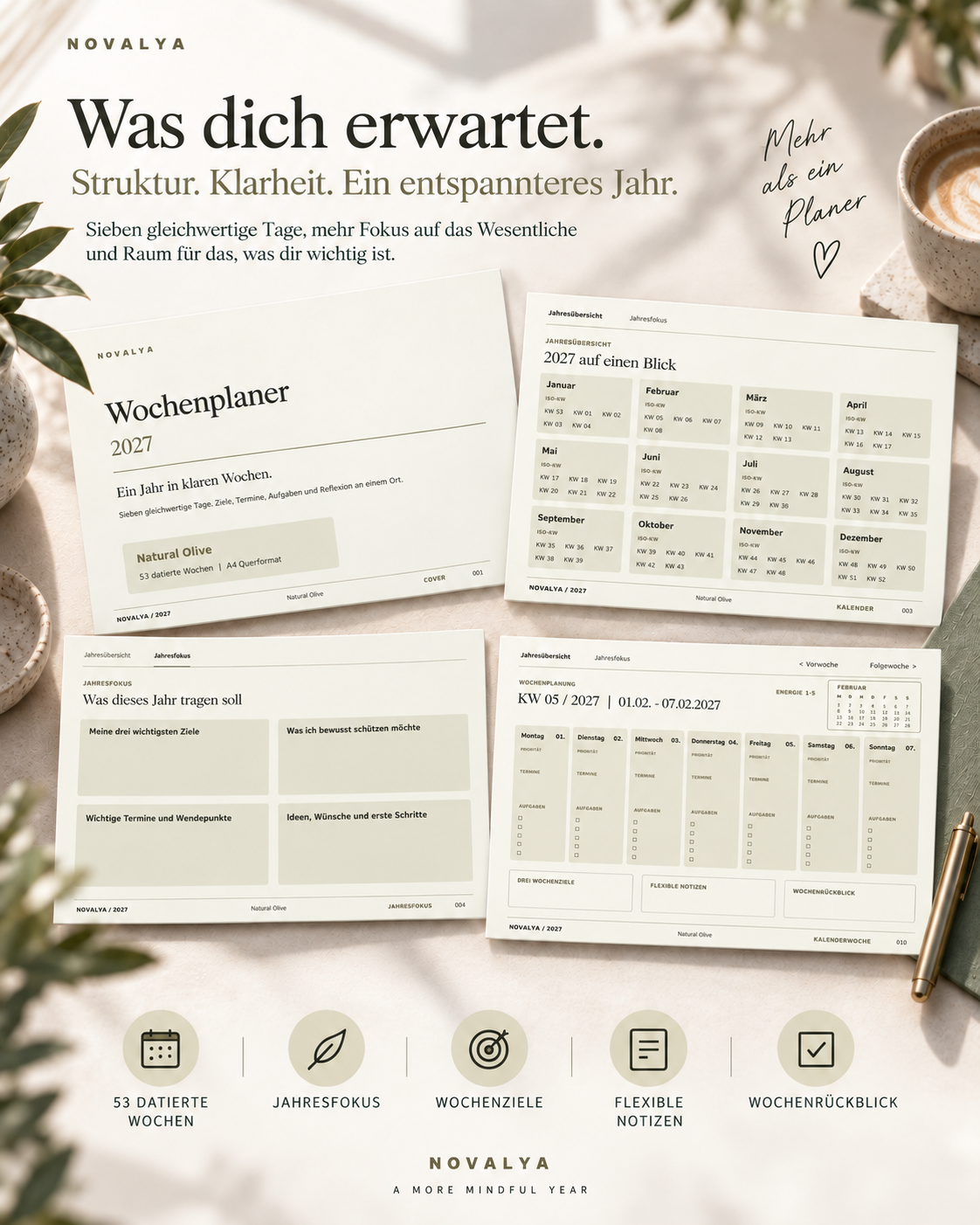 Novalya Wochenplaner 2027 – Natural Olive | Digitaler Wochenplaner
