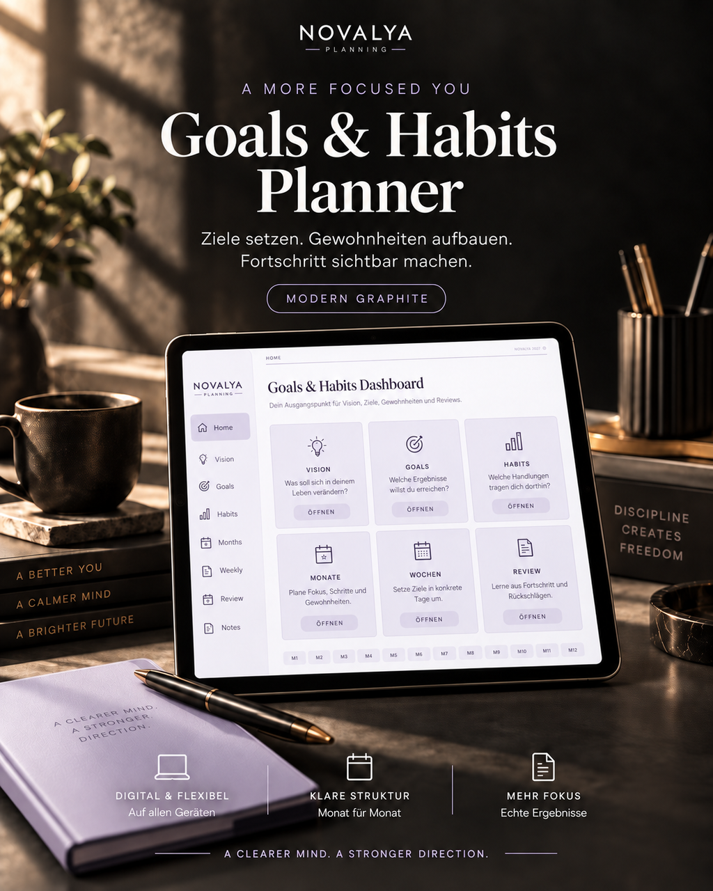 Novalya Goals & Habits Planner – Quiet Lavender | Digitaler Planner für Ziele, Fokus & Gewohnheiten