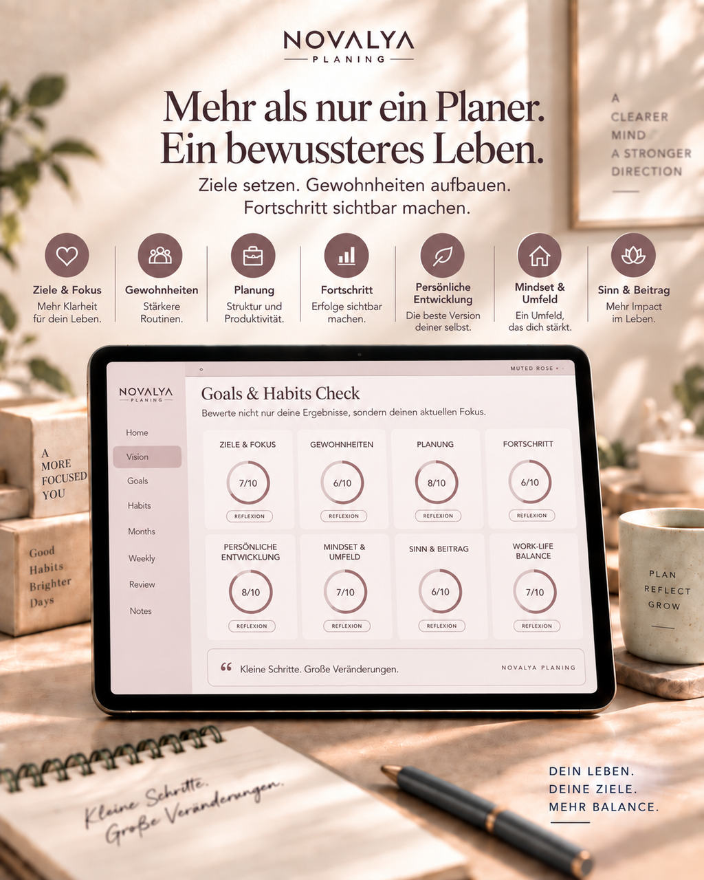 Novalya Goals & Habits Planner – Muted Rose | Digitaler Planner für Ziele, Fokus & Gewohnheiten