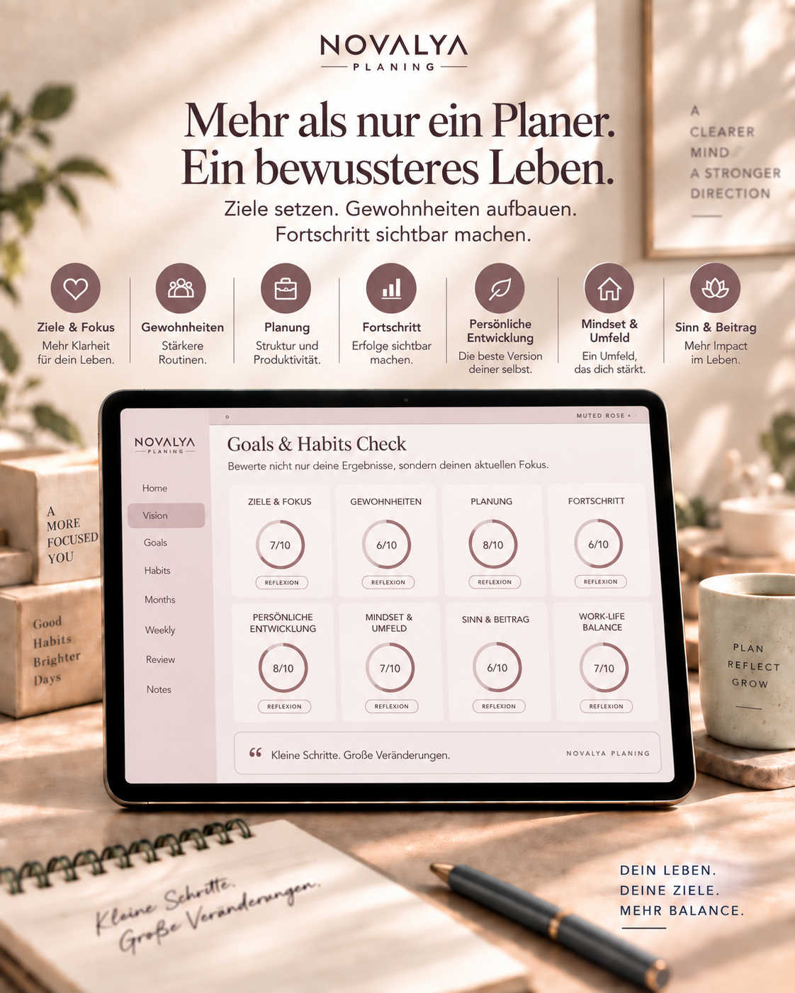 Novalya Goals & Habits Planner – Muted Rose | Digitaler Planner für Ziele, Fokus & Gewohnheiten