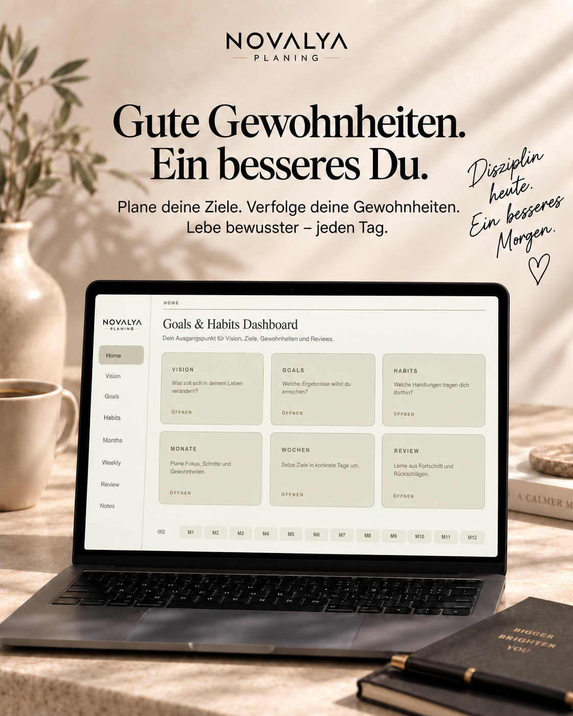 Novalya Goals & Habits Planner – Natural Olive | Digitaler Planner für Ziele, Fokus & Gewohnheiten