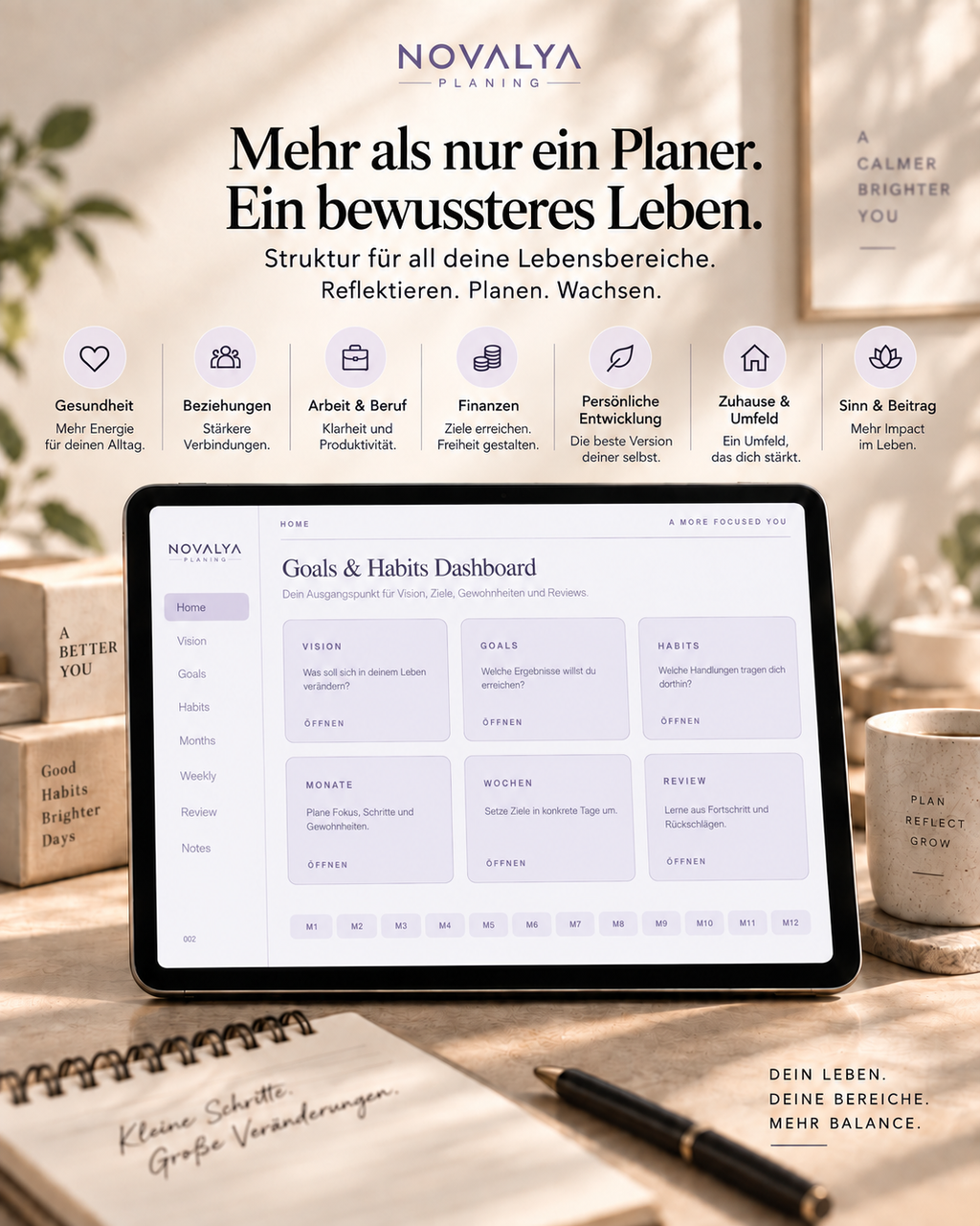 Novalya Goals & Habits Planner – Quiet Lavender | Digitaler Planner für Ziele, Fokus & Gewohnheiten