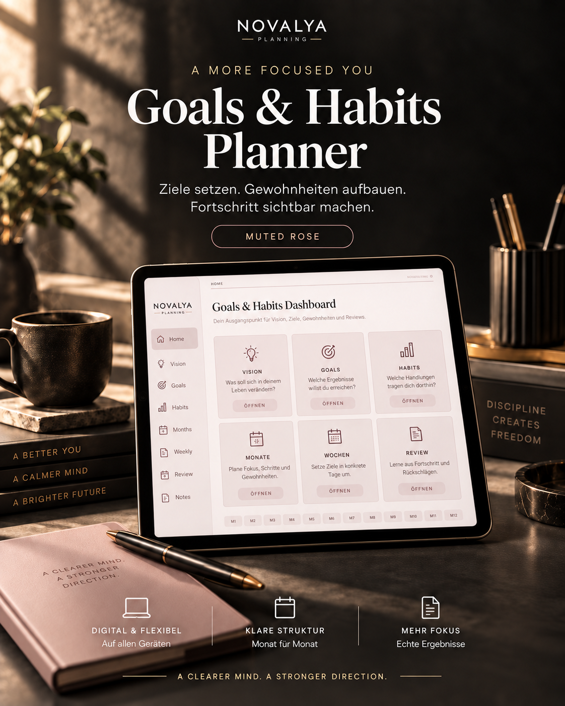 Novalya Goals & Habits Planner – Muted Rose | Digitaler Planner für Ziele, Fokus & Gewohnheiten