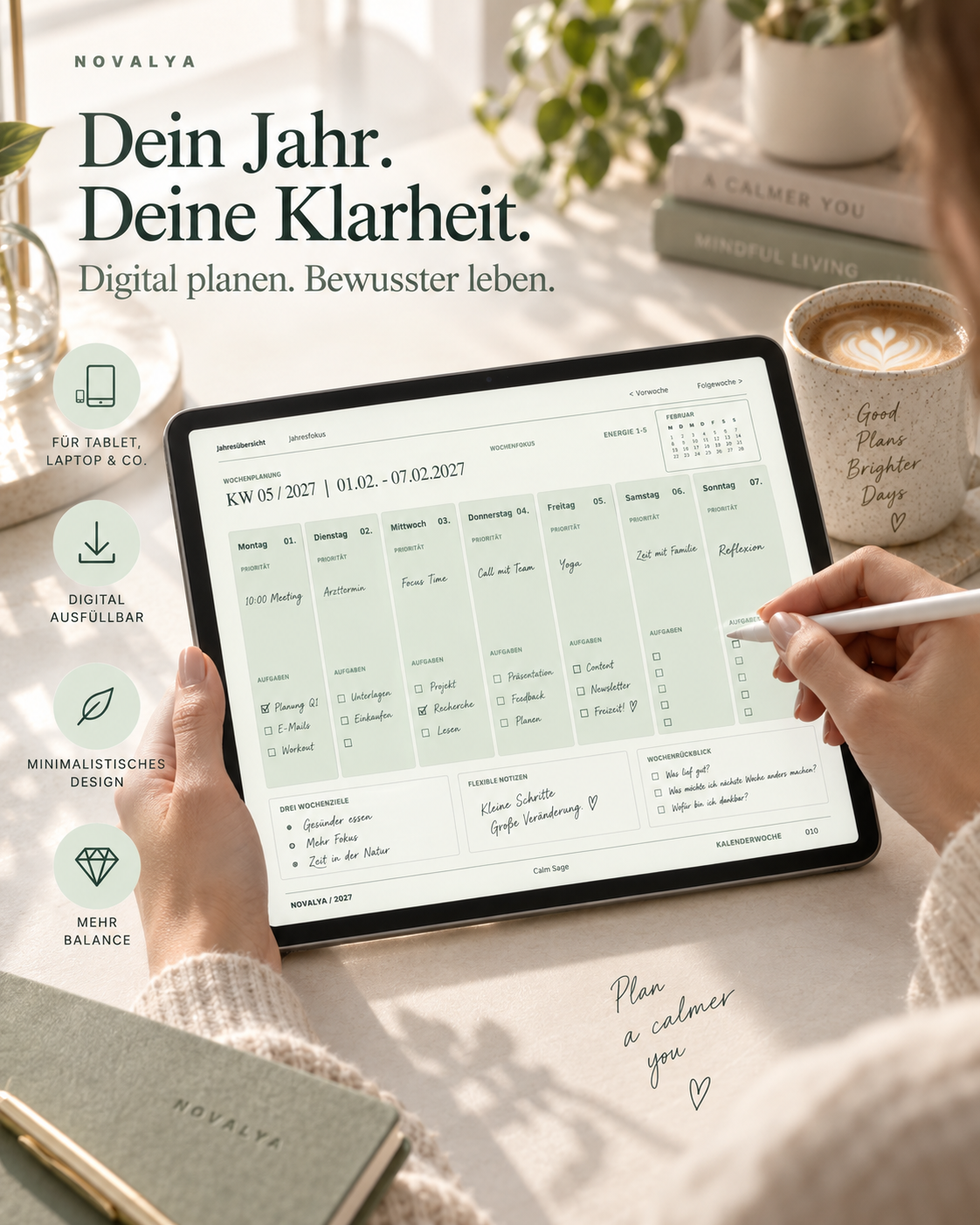 Novalya Wochenplaner 2027 – Calm Sage | Digitaler Wochenplaner