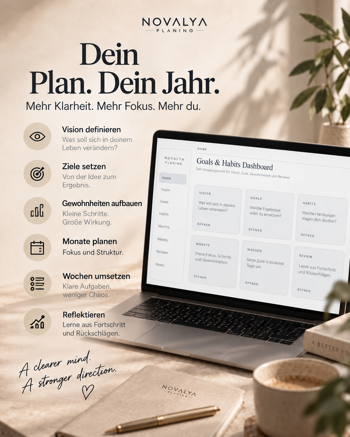 Novalya Goals & Habits Planner – Modern Graphite | Digitaler Planner für Ziele, Fokus & Gewohnheiten