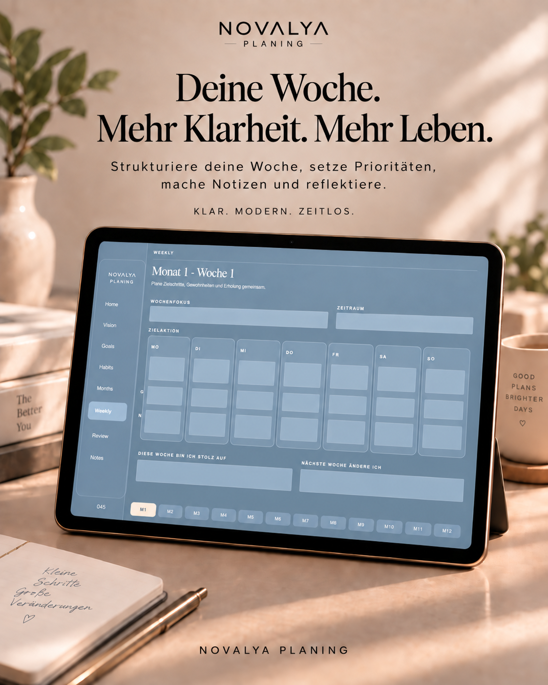 Novalya Goals & Habits Planner – Dusty Blue | Digitaler Planner für Ziele, Fokus & Gewohnheiten