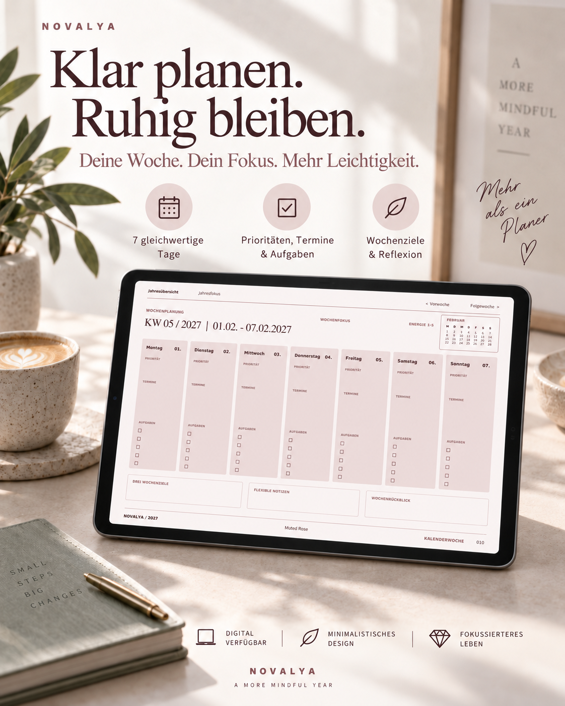 Novalya Wochenplaner 2027 – Muted Rose | Digitaler Wochenplaner