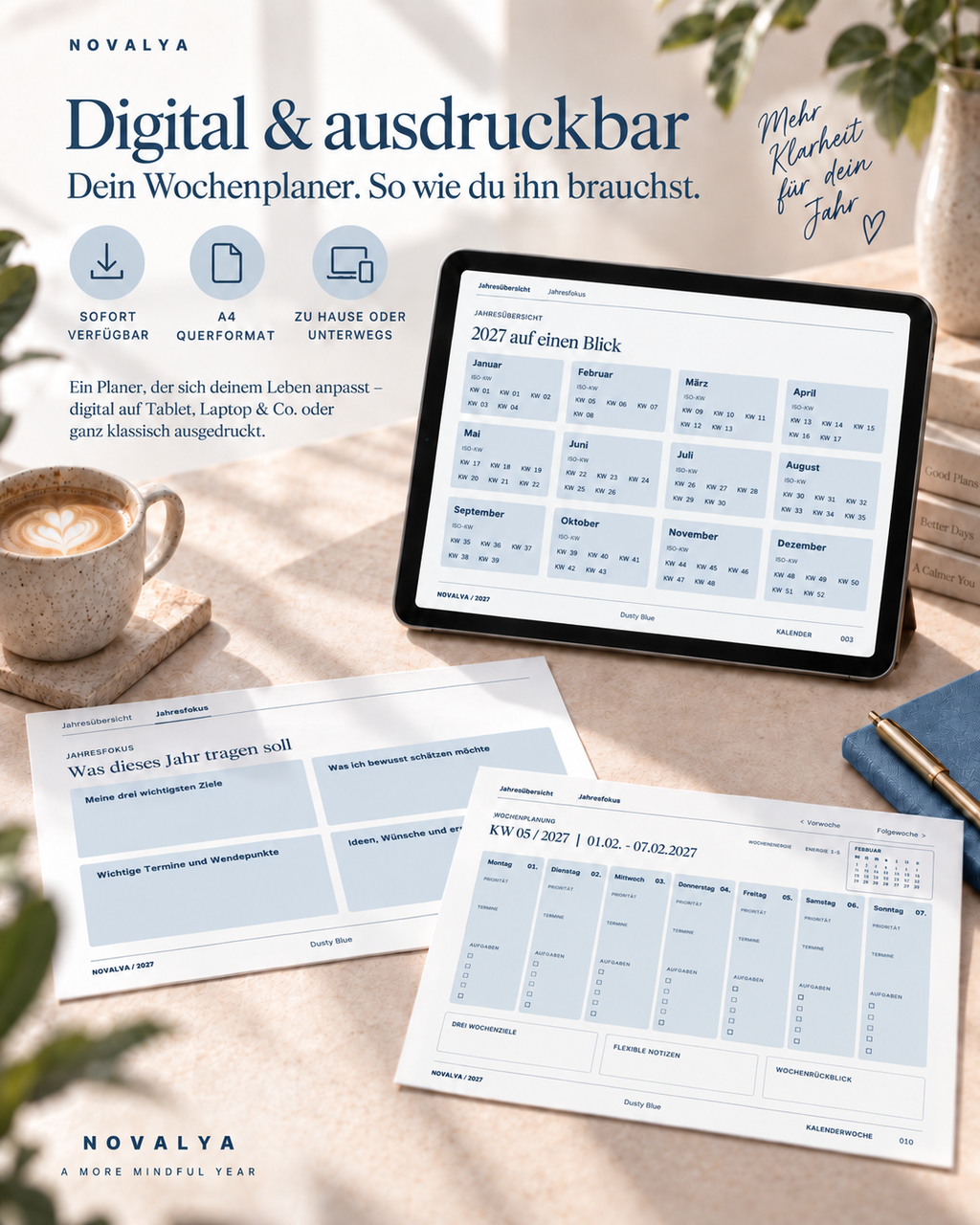 Novalya Wochenplaner 2027 – Dusty Blue | Digitaler Wochenplaner