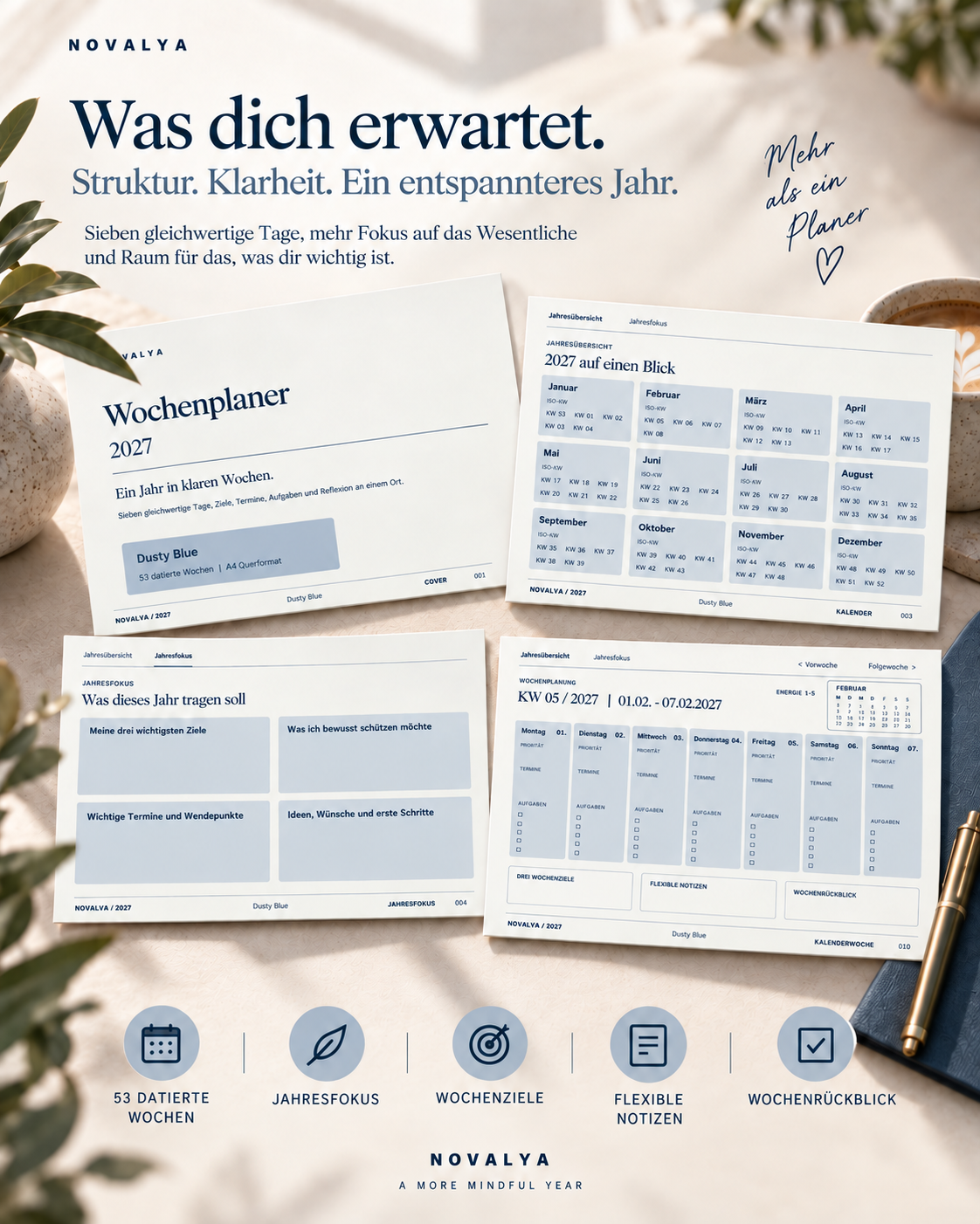 Novalya Wochenplaner 2027 – Dusty Blue | Digitaler Wochenplaner