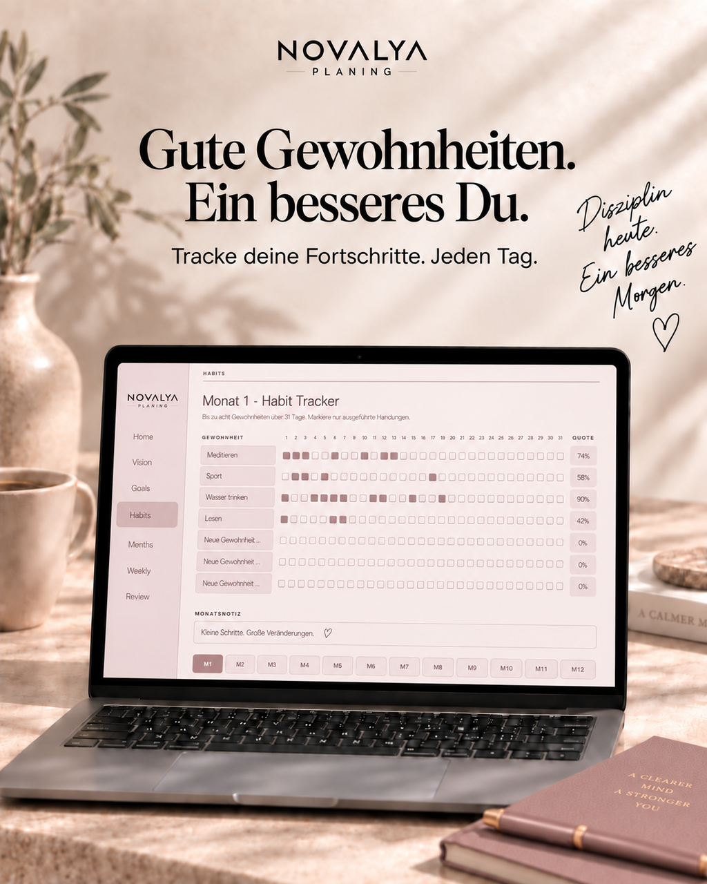 Novalya Goals & Habits Planner – Muted Rose | Digitaler Planner für Ziele, Fokus & Gewohnheiten