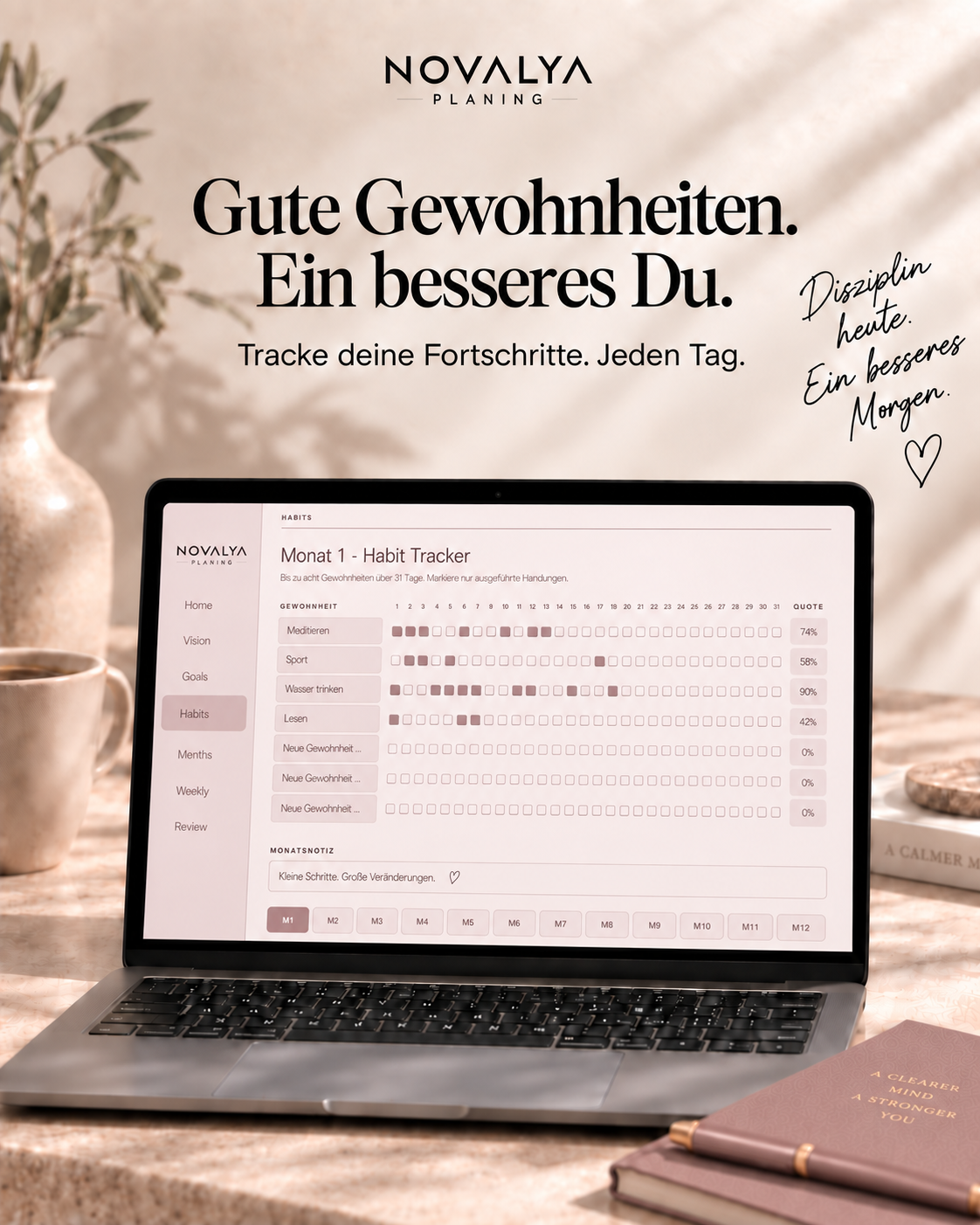 Novalya Goals & Habits Planner – Muted Rose | Digitaler Planner für Ziele, Fokus & Gewohnheiten
