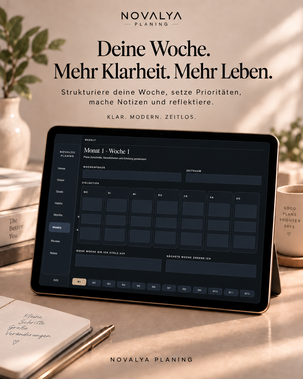 Novalya Goals & Habits Planner – Deep Midnight | Digitaler Planner für Ziele, Fokus & Gewohnheiten