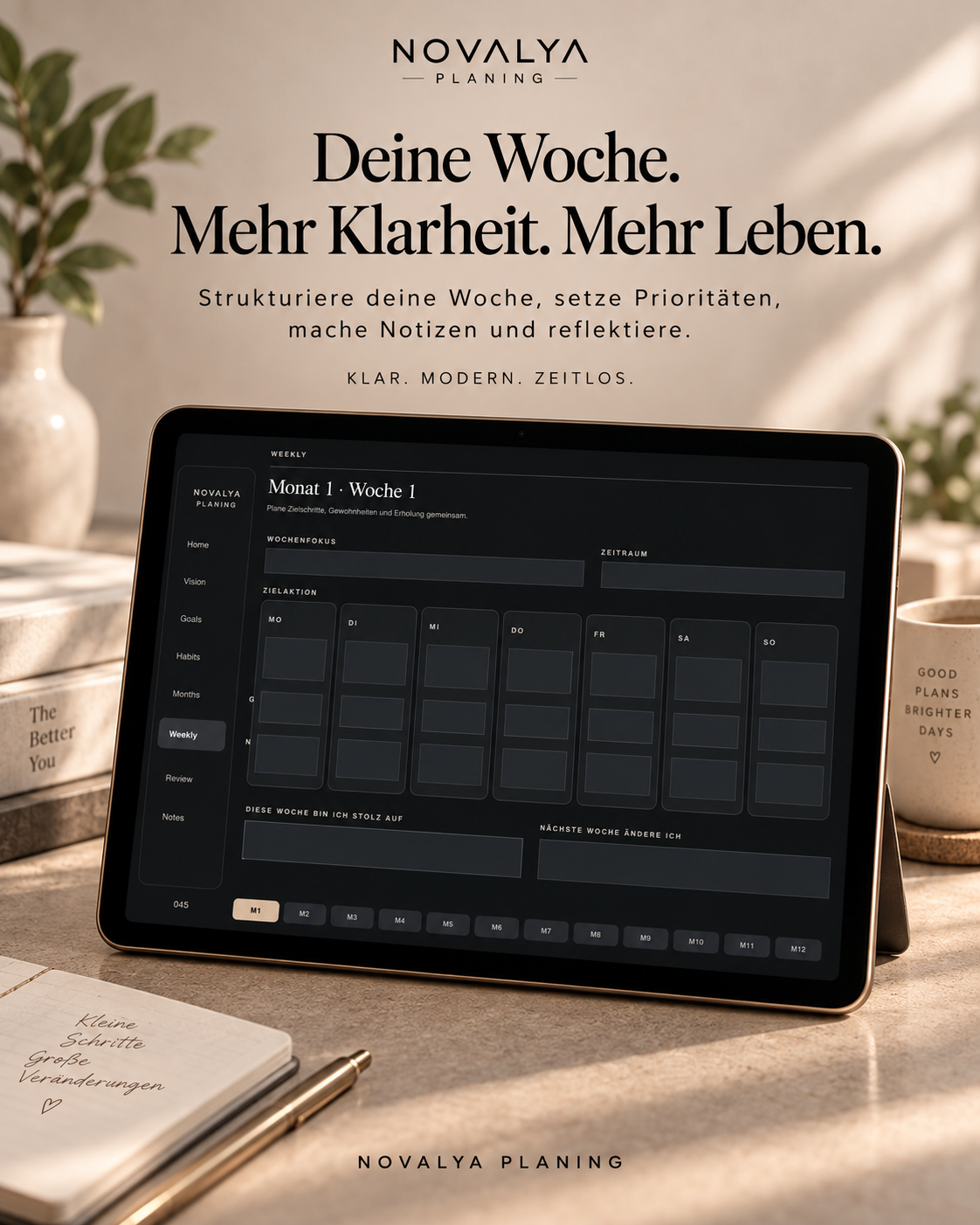 Novalya Goals & Habits Planner – Black Edition | Digitaler Planner für Ziele, Fokus & Gewohnheiten