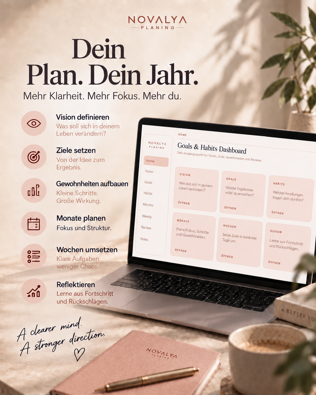 Novalya Goals & Habits Planner – Soft Terracotta | Digitaler Planner für Ziele, Fokus & Gewohnheiten