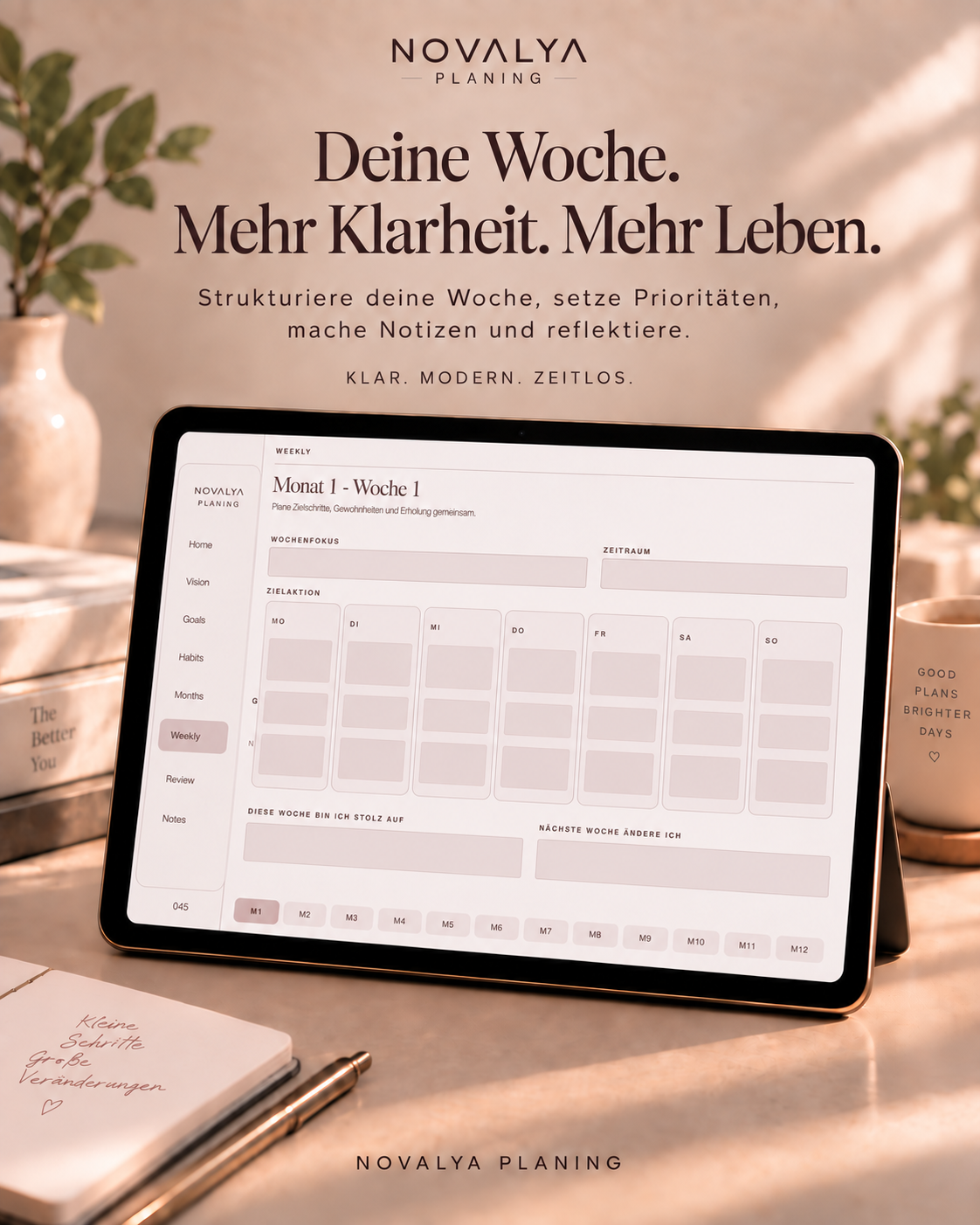 Novalya Goals & Habits Planner – Muted Rose | Digitaler Planner für Ziele, Fokus & Gewohnheiten