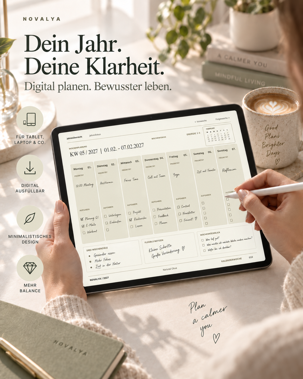 Novalya Wochenplaner 2027 – Natural Olive | Digitaler Wochenplaner