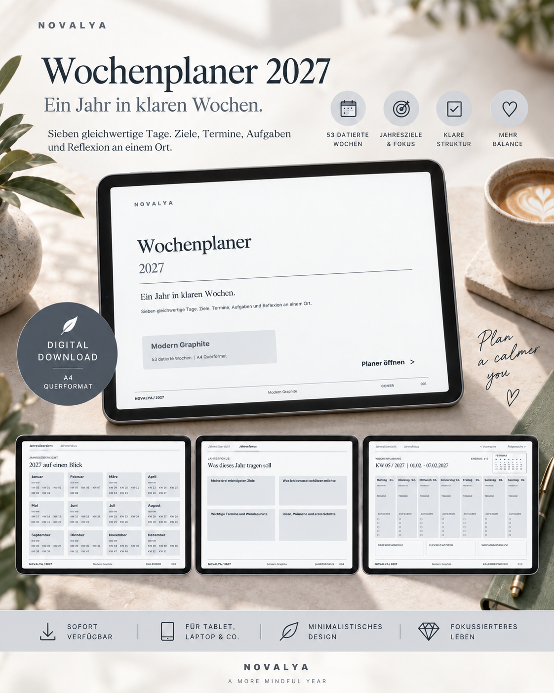 Novalya Wochenplaner 2027 – Modern Graphite | Digitaler Wochenplaner