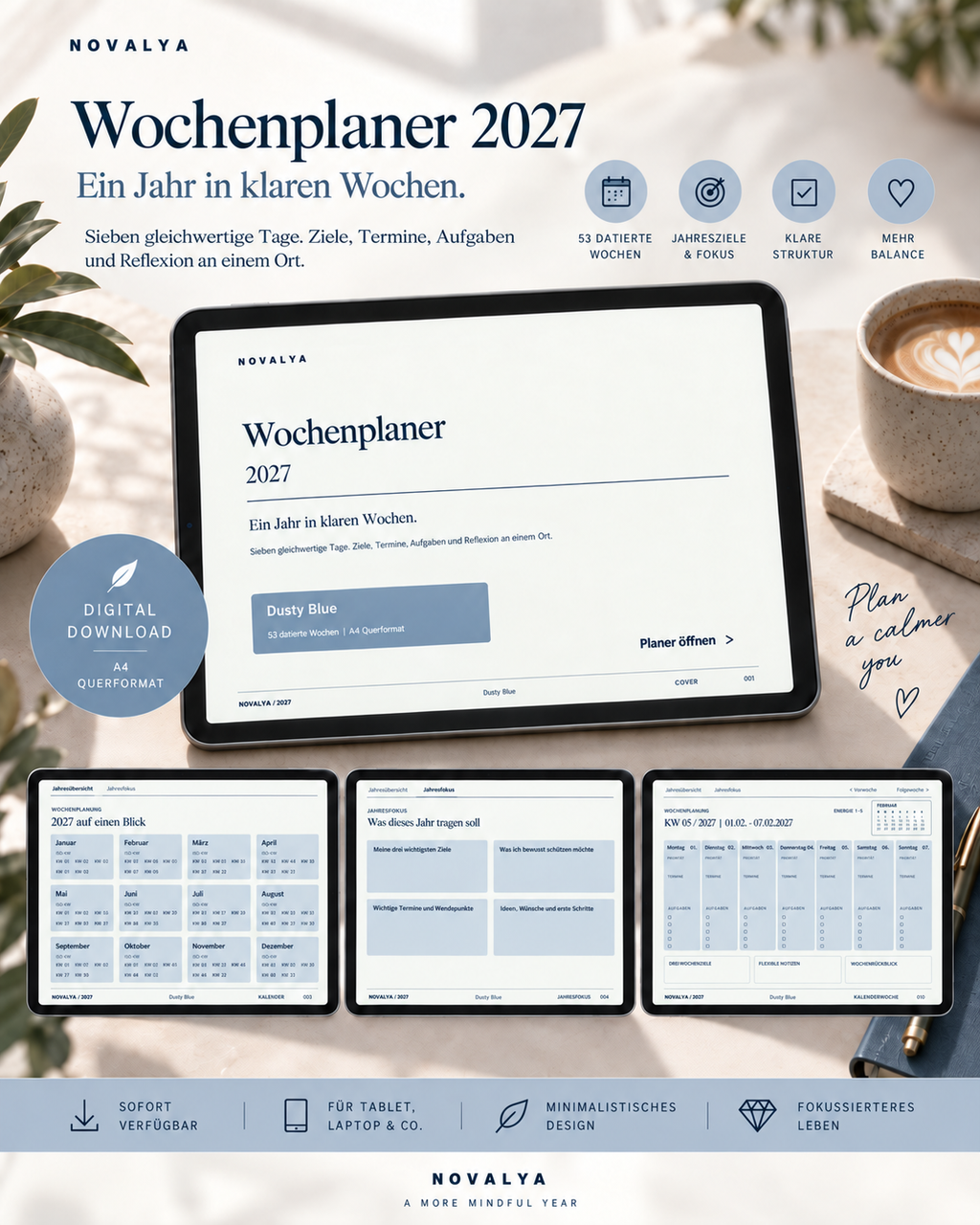 Novalya Wochenplaner 2027 – Dusty Blue | Digitaler Wochenplaner
