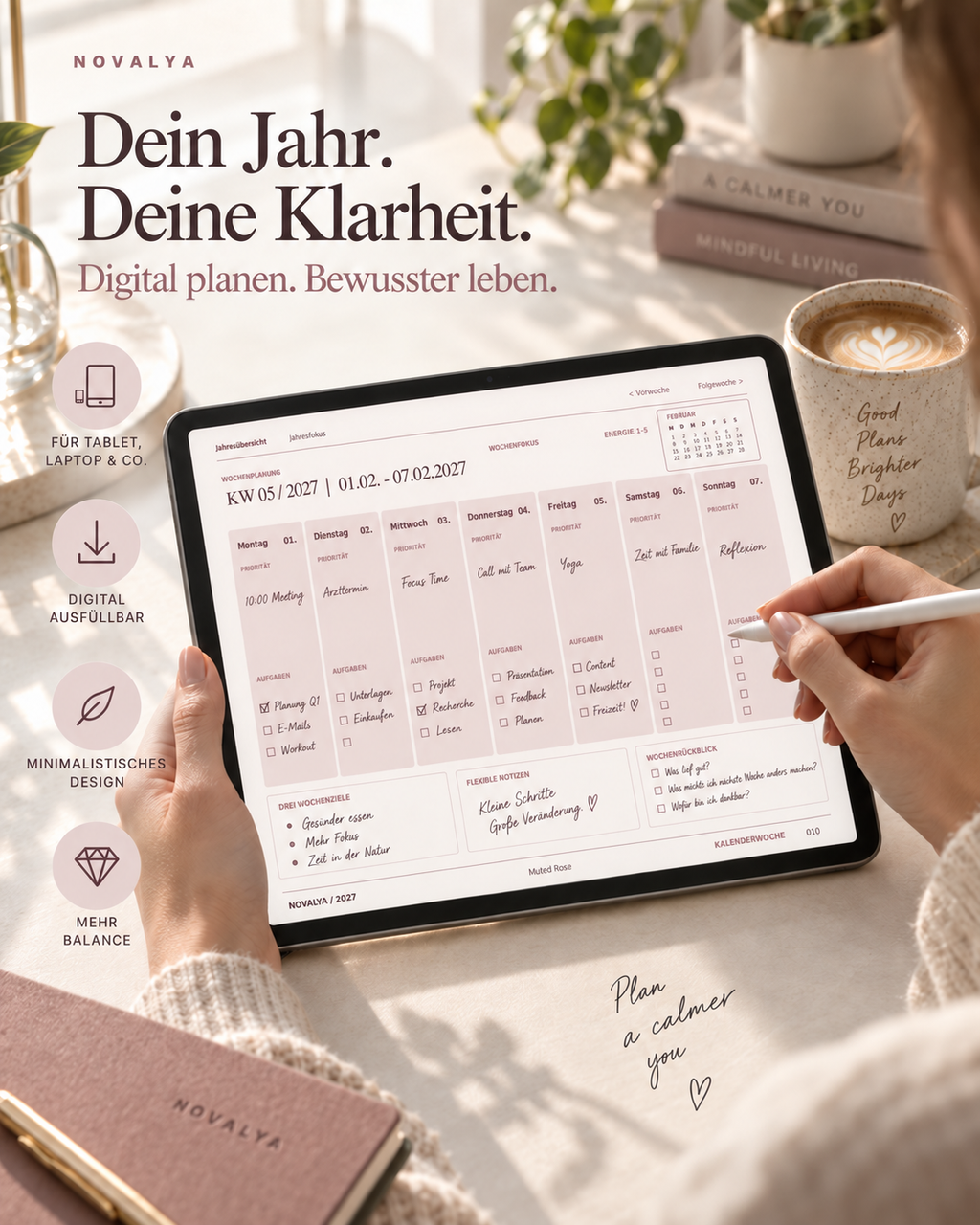 Novalya Wochenplaner 2027 – Muted Rose | Digitaler Wochenplaner