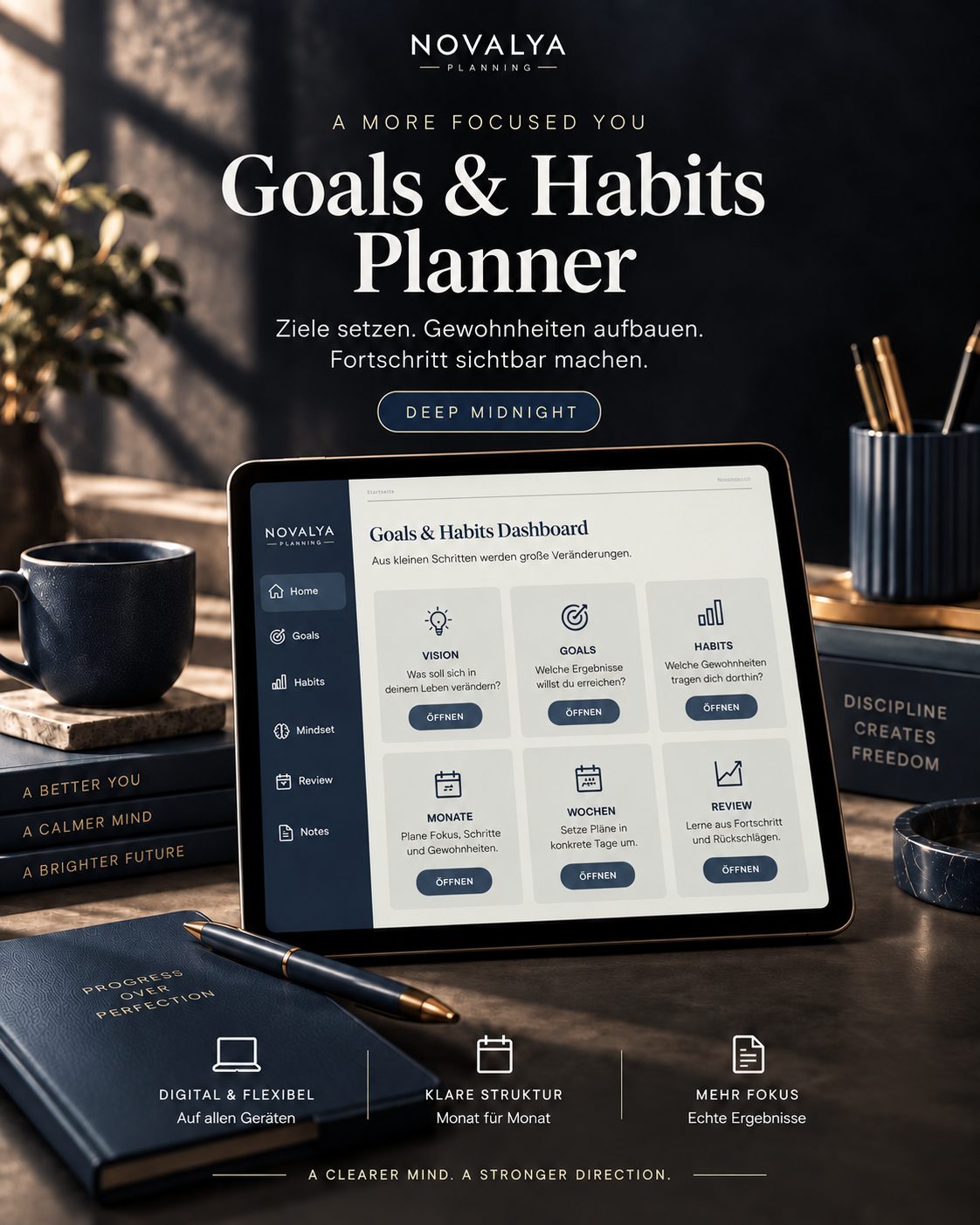 Novalya Goals & Habits Planner – Deep Midnight | Digitaler Planner für Ziele, Fokus & Gewohnheiten