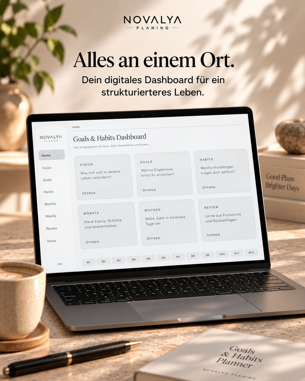 Novalya Goals & Habits Planner – Modern Graphite | Digitaler Planner für Ziele, Fokus & Gewohnheiten