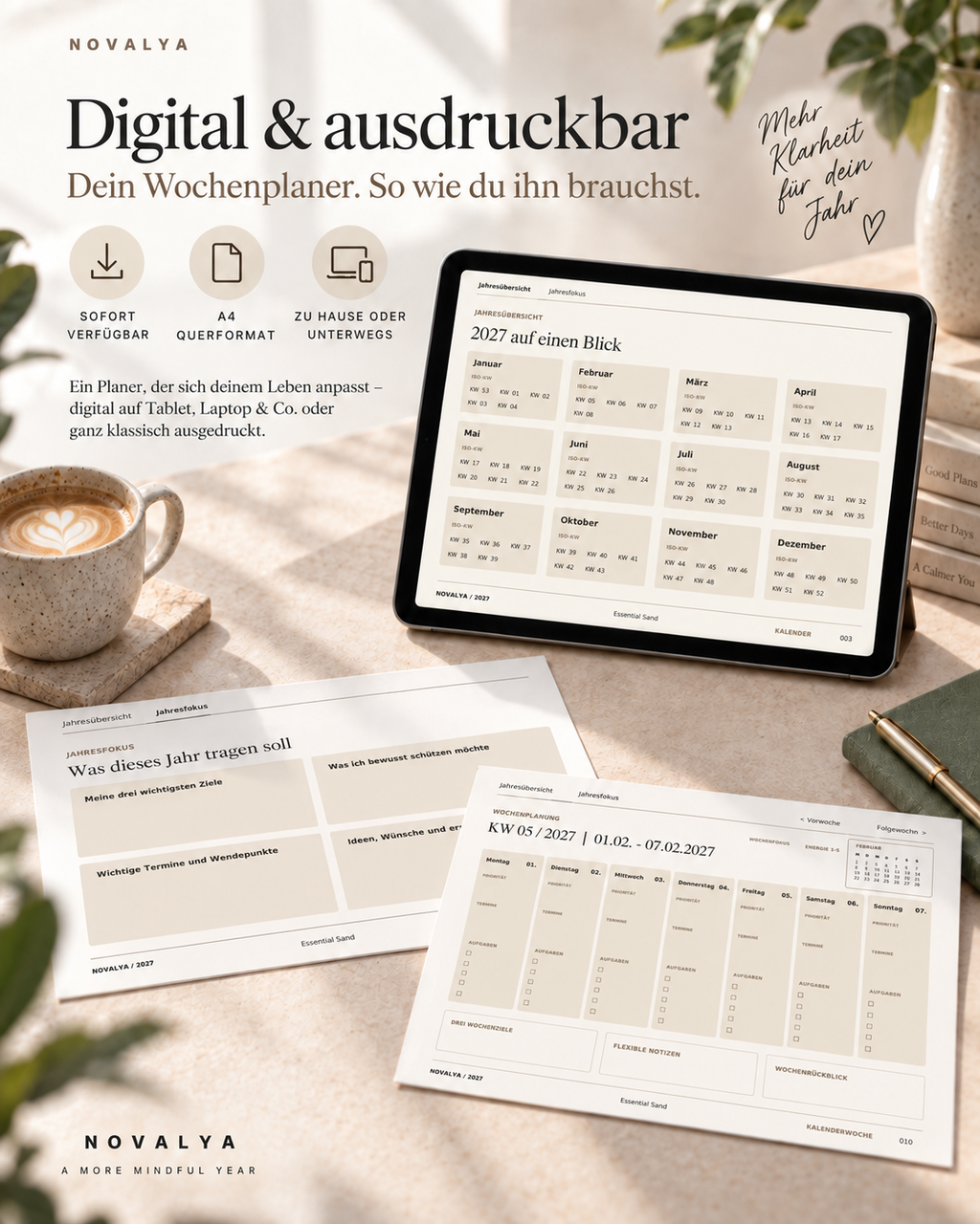 Novalya Wochenplaner 2027 – Essential Sand | Digitaler Wochenplaner