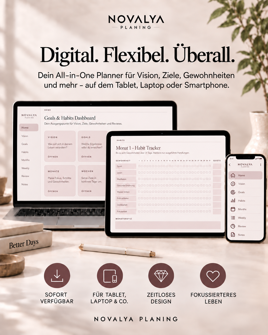 Novalya Goals & Habits Planner – Muted Rose | Digitaler Planner für Ziele, Fokus & Gewohnheiten