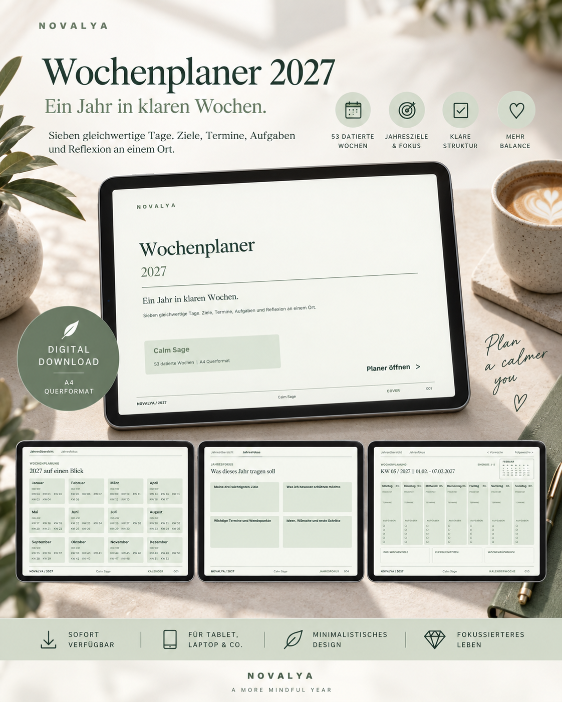 Novalya Wochenplaner 2027 – Calm Sage | Digitaler Wochenplaner