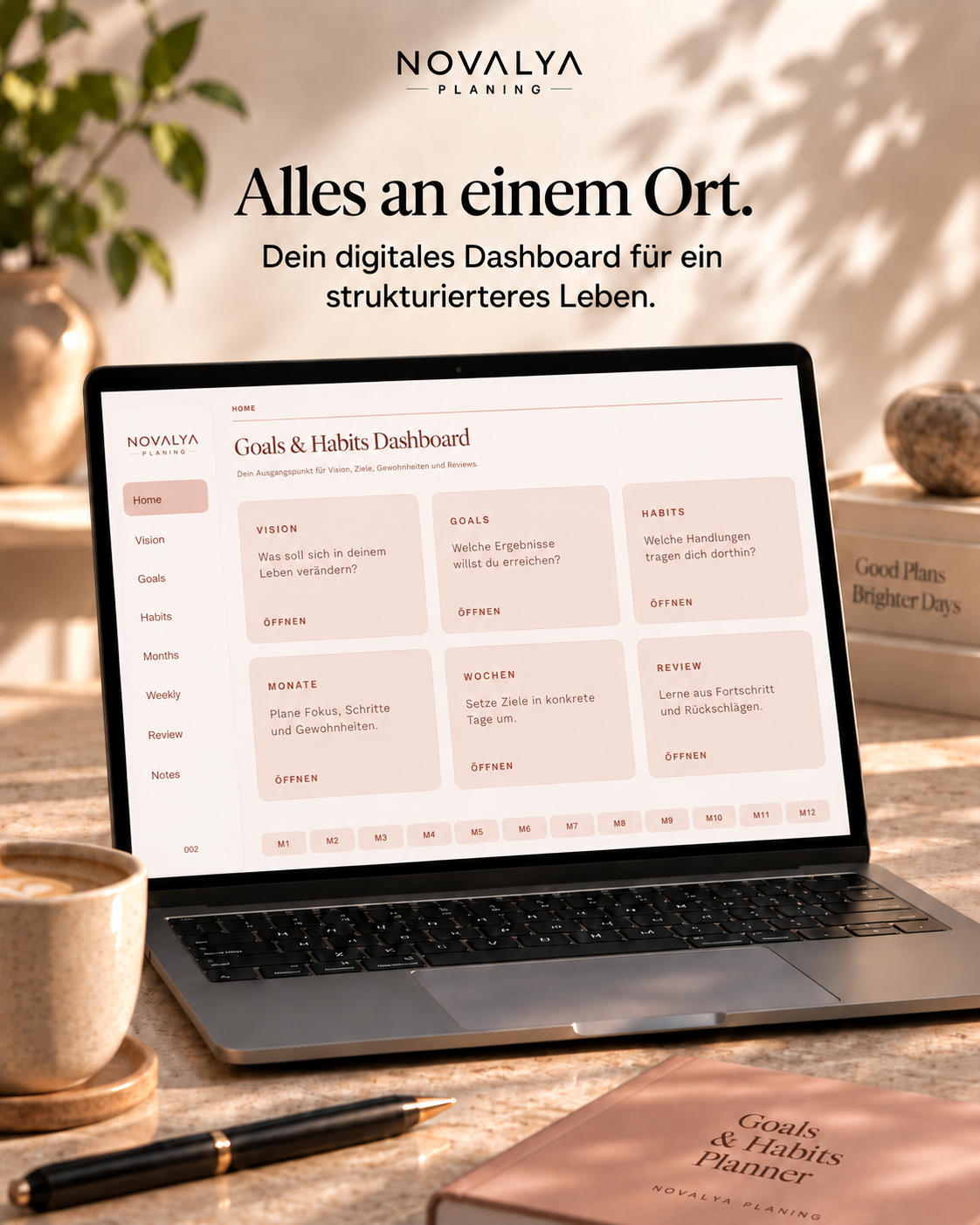 Novalya Goals & Habits Planner – Soft Terracotta | Digitaler Planner für Ziele, Fokus & Gewohnheiten