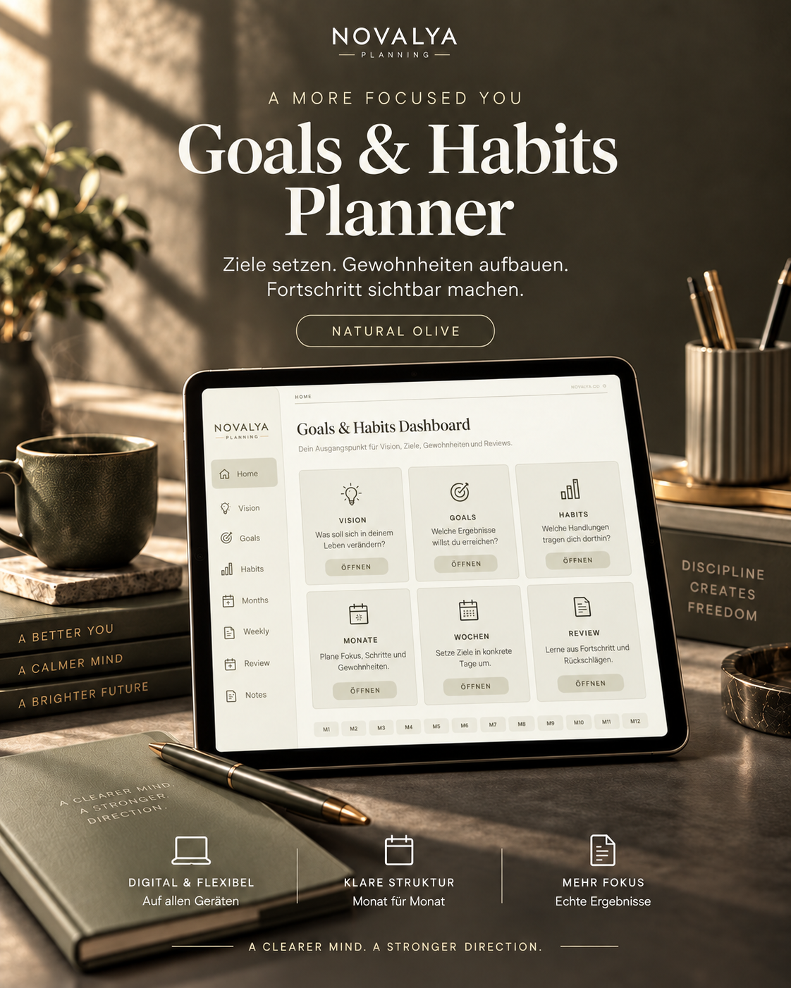 Novalya Goals & Habits Planner – Natural Olive | Digitaler Planner für Ziele, Fokus & Gewohnheiten
