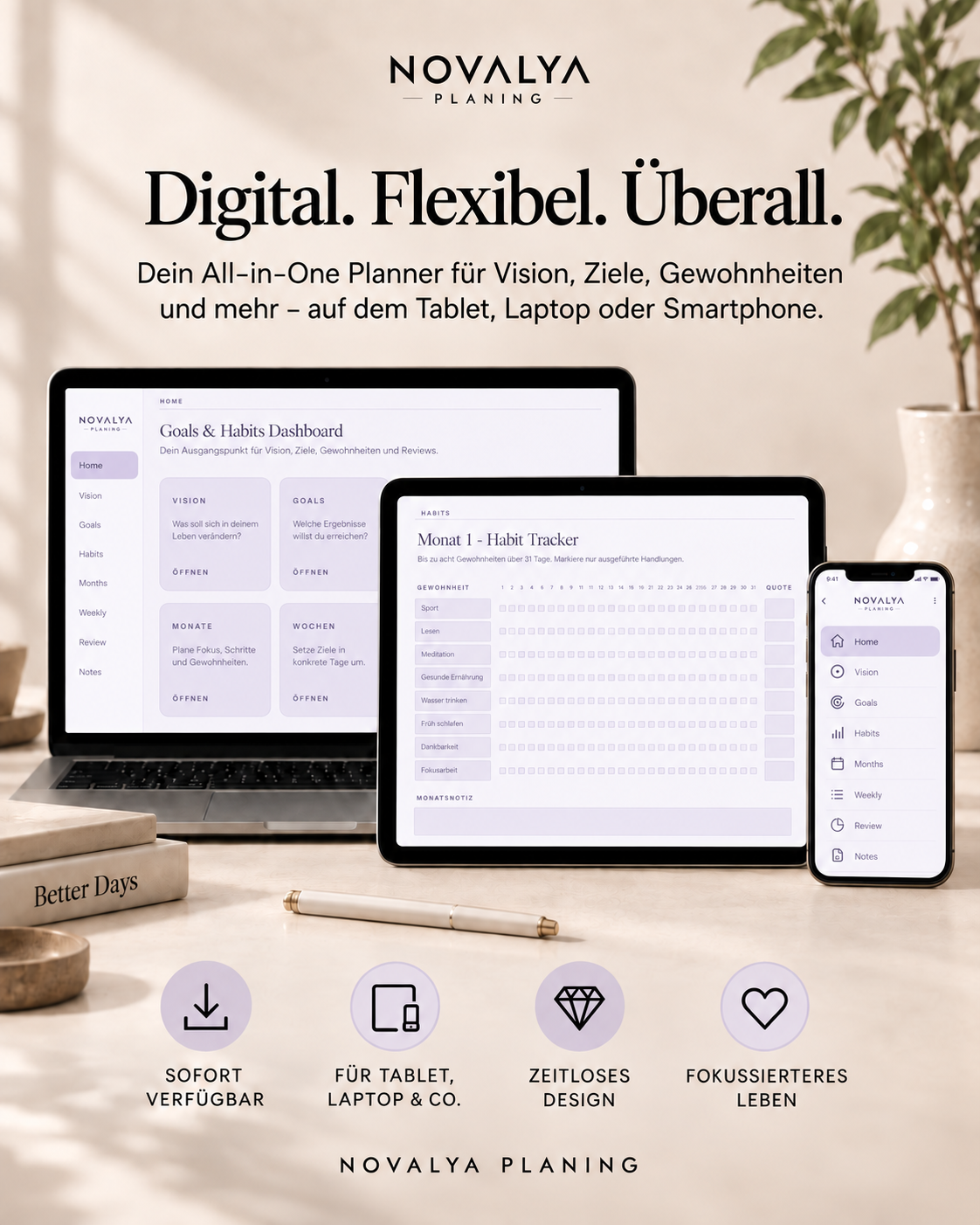 Novalya Goals & Habits Planner – Quiet Lavender | Digitaler Planner für Ziele, Fokus & Gewohnheiten