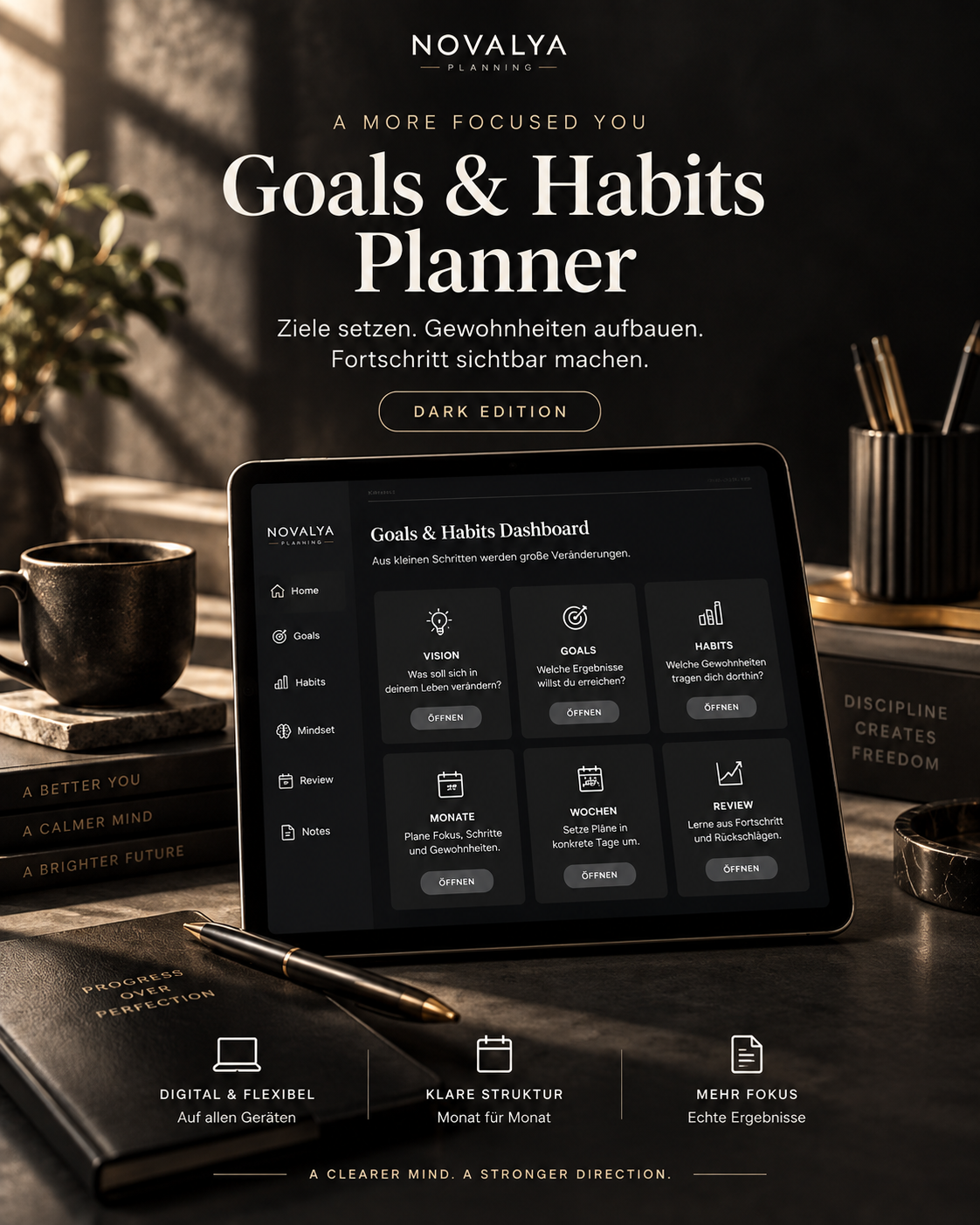 Novalya Goals & Habits Planner – Black Edition | Digitaler Planner für Ziele, Fokus & Gewohnheiten