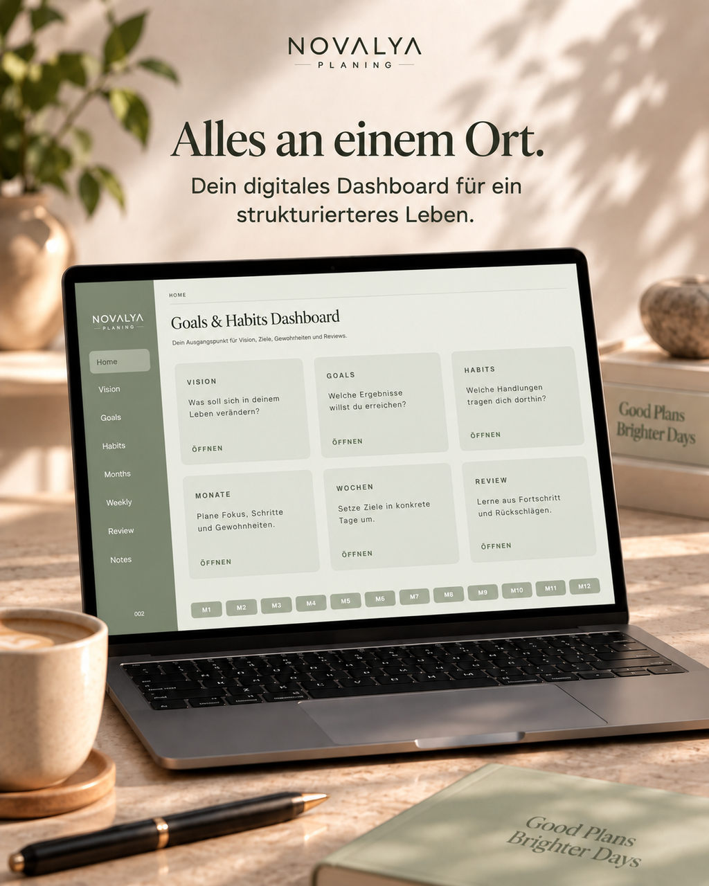 Novalya Goals & Habits Planner – Calm Sage | Digitaler Planner für Ziele, Fokus & Gewohnheiten
