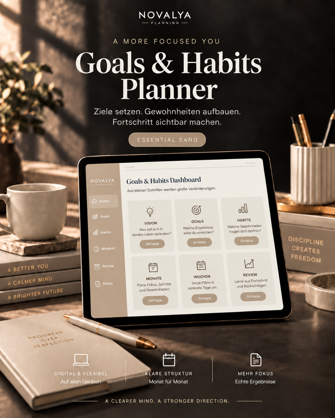Novalya Goals & Habits Planner – Essential Sand | Digitaler Planner für Ziele, Fokus & Gewohnheiten
