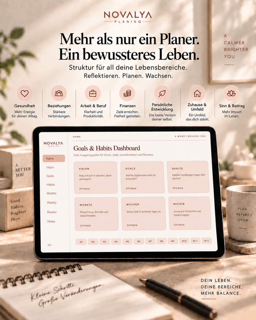 Novalya Goals & Habits Planner – Soft Terracotta | Digitaler Planner für Ziele, Fokus & Gewohnheiten