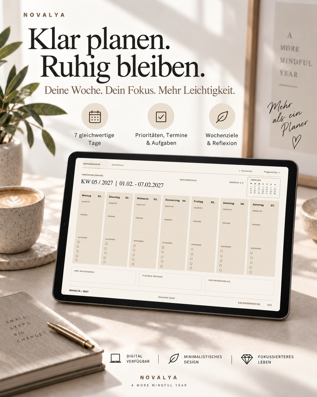 Novalya Wochenplaner 2027 – Essential Sand | Digitaler Wochenplaner