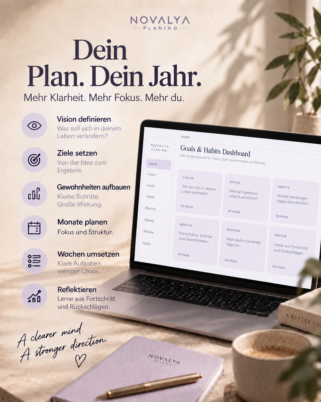 Novalya Goals & Habits Planner – Quiet Lavender | Digitaler Planner für Ziele, Fokus & Gewohnheiten