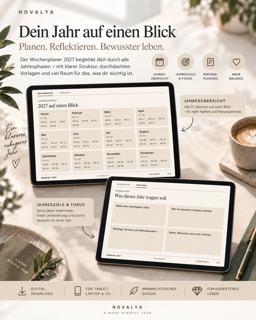 Novalya Wochenplaner 2027 – Essential Sand | Digitaler Wochenplaner