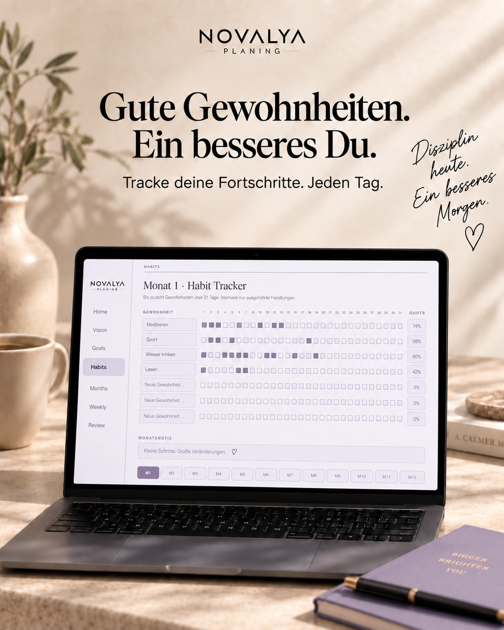 Novalya Goals & Habits Planner – Quiet Lavender | Digitaler Planner für Ziele, Fokus & Gewohnheiten