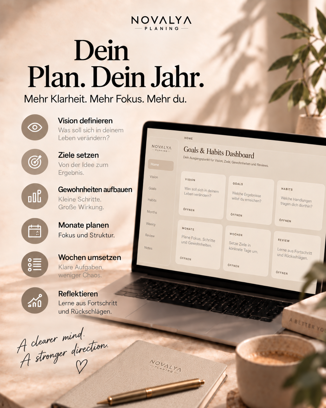 Novalya Goals & Habits Planner – Essential Sand | Digitaler Planner für Ziele, Fokus & Gewohnheiten