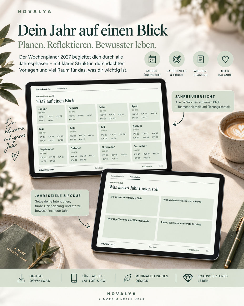 Novalya Wochenplaner 2027 – Calm Sage | Digitaler Wochenplaner