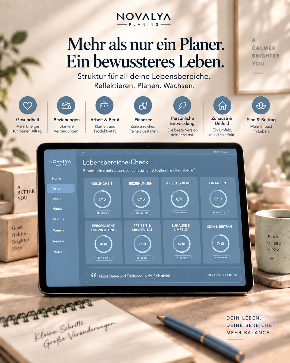 Novalya Goals & Habits Planner – Dusty Blue | Digitaler Planner für Ziele, Fokus & Gewohnheiten