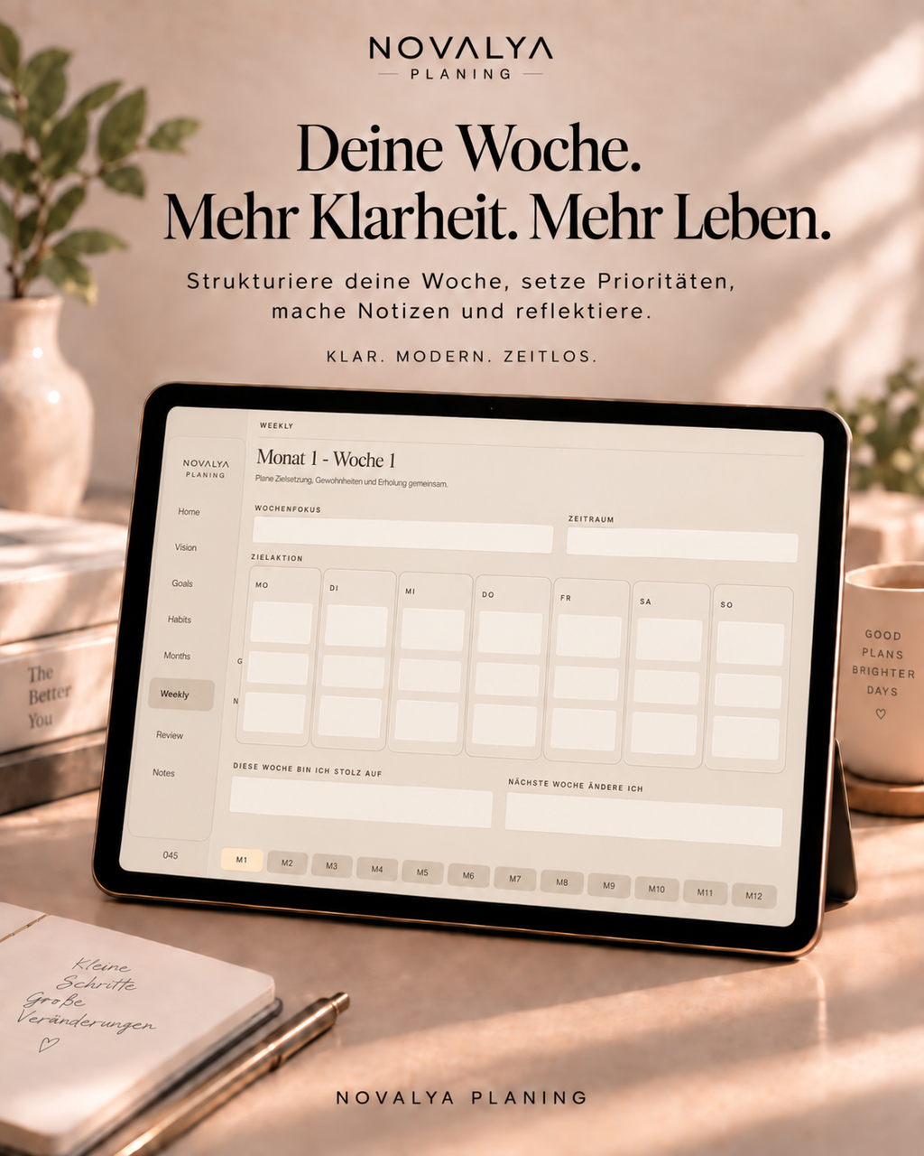 Novalya Goals & Habits Planner – Essential Sand | Digitaler Planner für Ziele, Fokus & Gewohnheiten