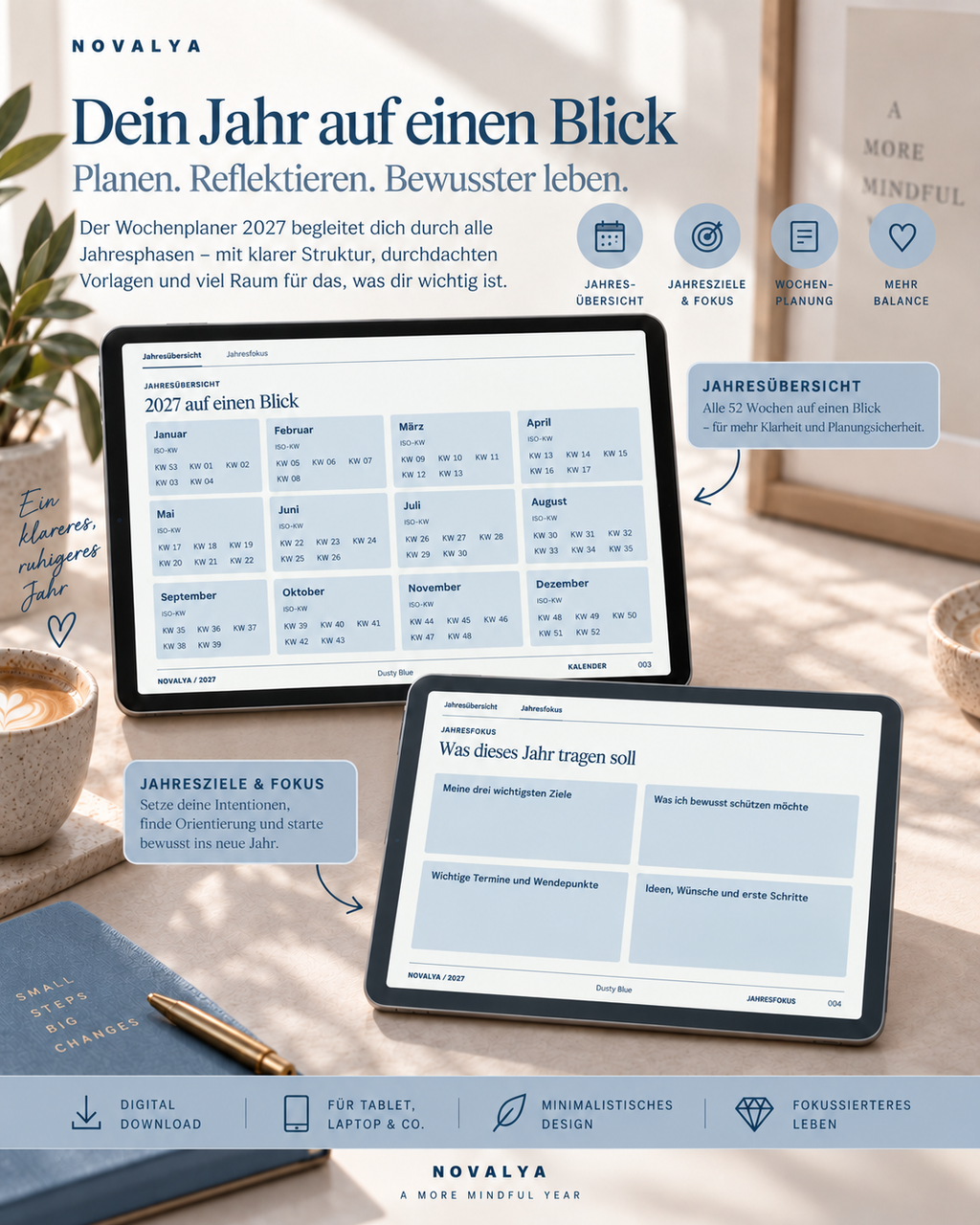 Novalya Wochenplaner 2027 – Dusty Blue | Digitaler Wochenplaner