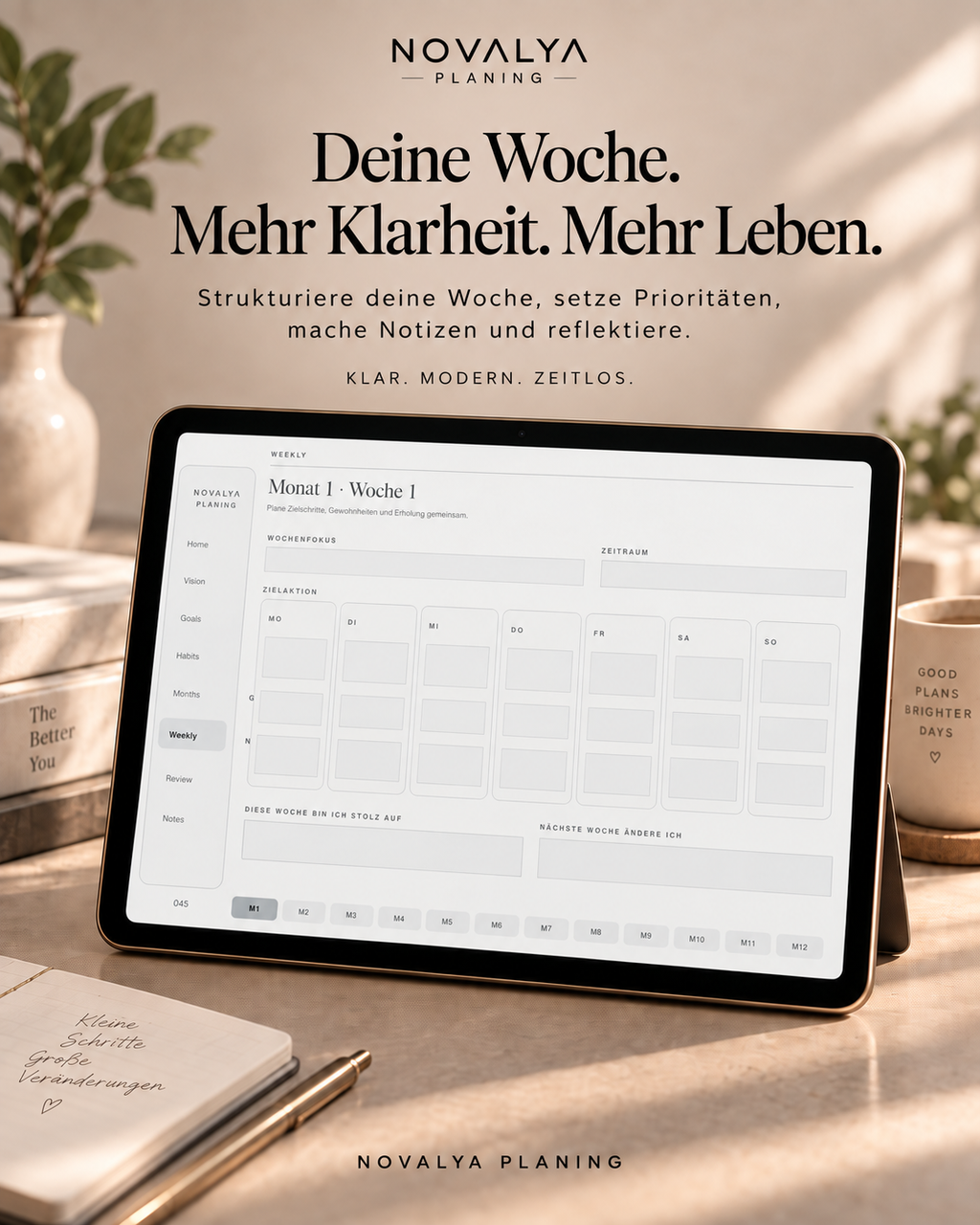 Novalya Goals & Habits Planner – Modern Graphite | Digitaler Planner für Ziele, Fokus & Gewohnheiten