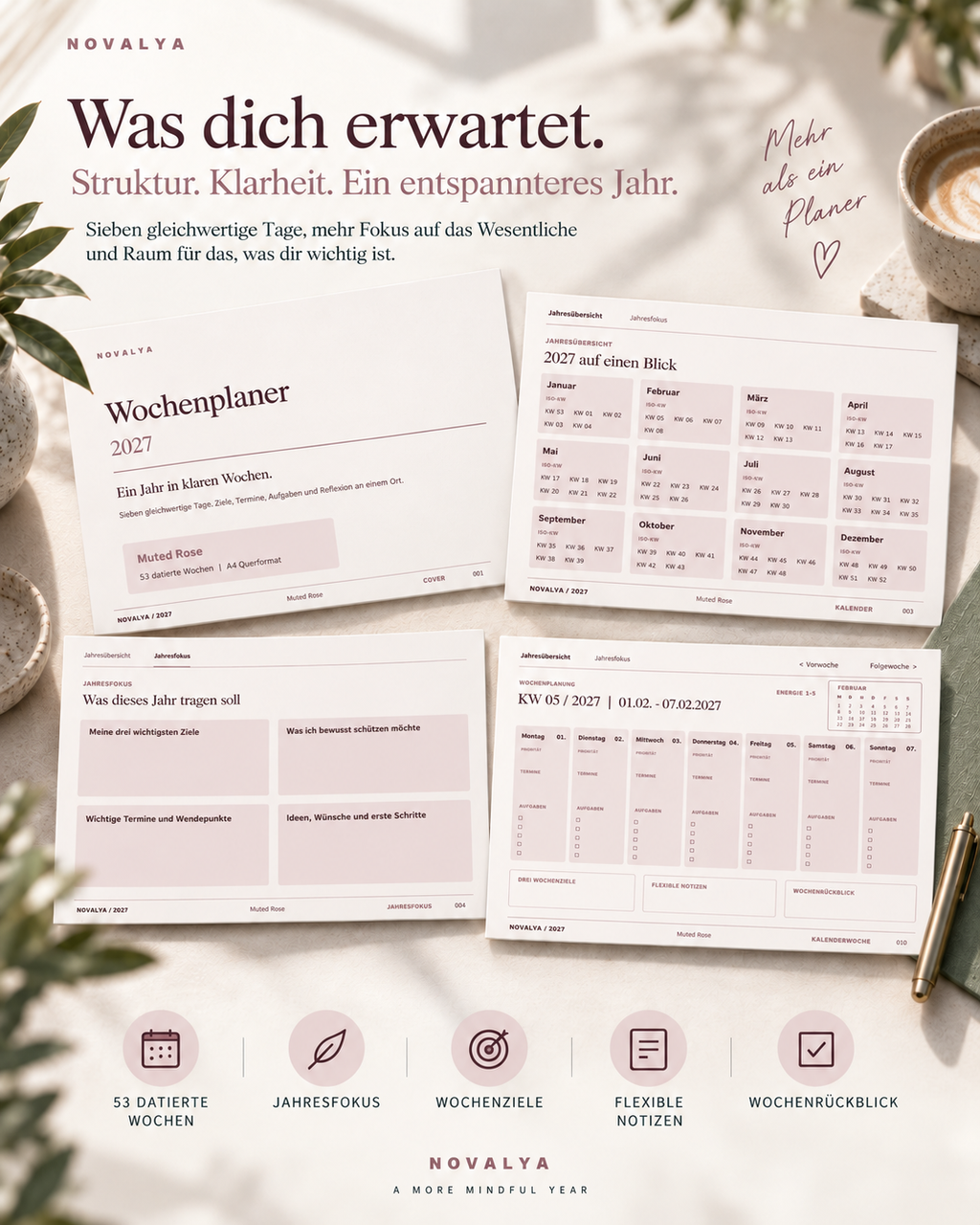 Novalya Wochenplaner 2027 – Muted Rose | Digitaler Wochenplaner