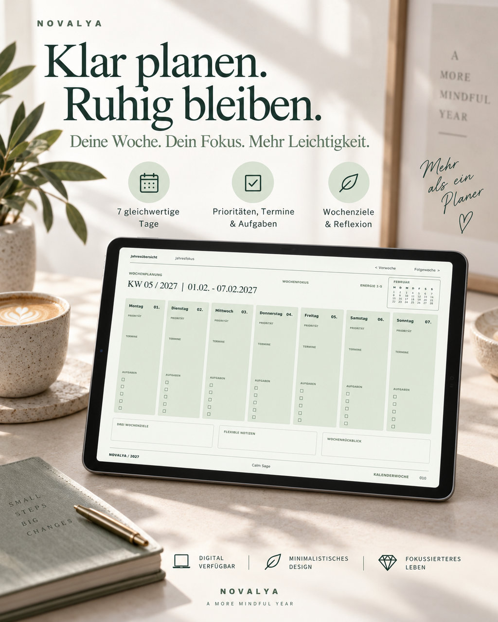 Novalya Wochenplaner 2027 – Calm Sage | Digitaler Wochenplaner